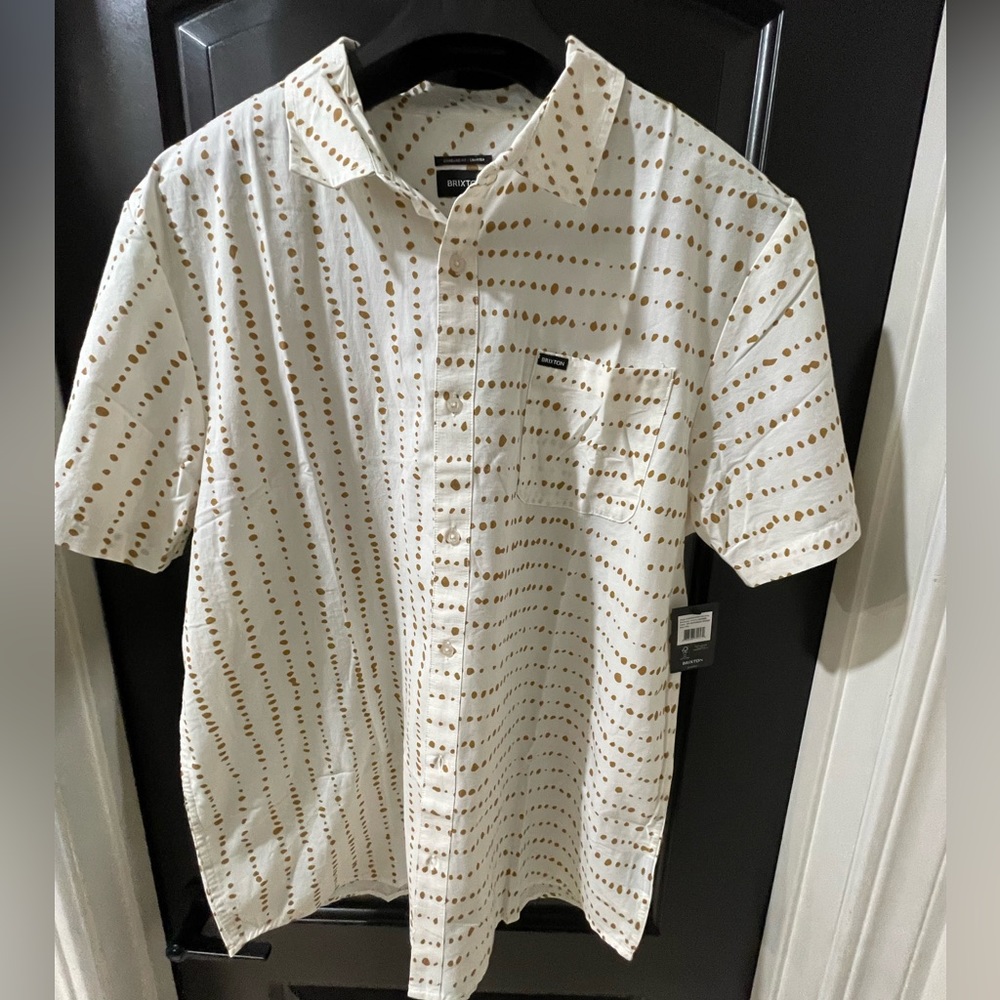 Brixton White Short Sleeve Button-Down Shirt with Brown Dot Stripe Print